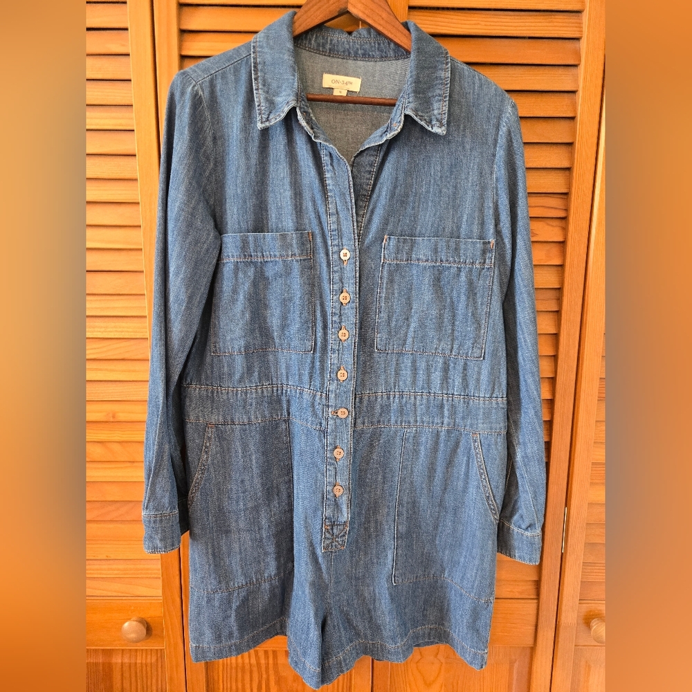 On 34th Blue Lightweigt Denim Jumpsuit with Relaxed Fit and Full-Length Sleeves
